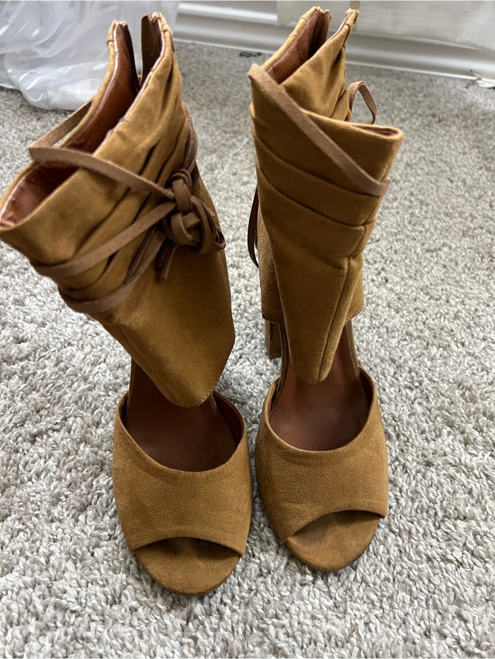 Mojo Moxy Tan Suede Peep-Toe Ankle Wrap Heels